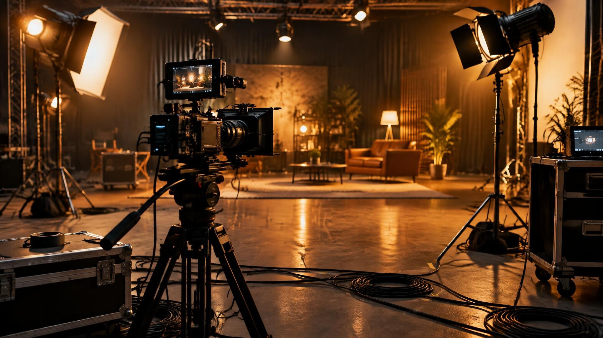 Film production set with cameras and studio lights