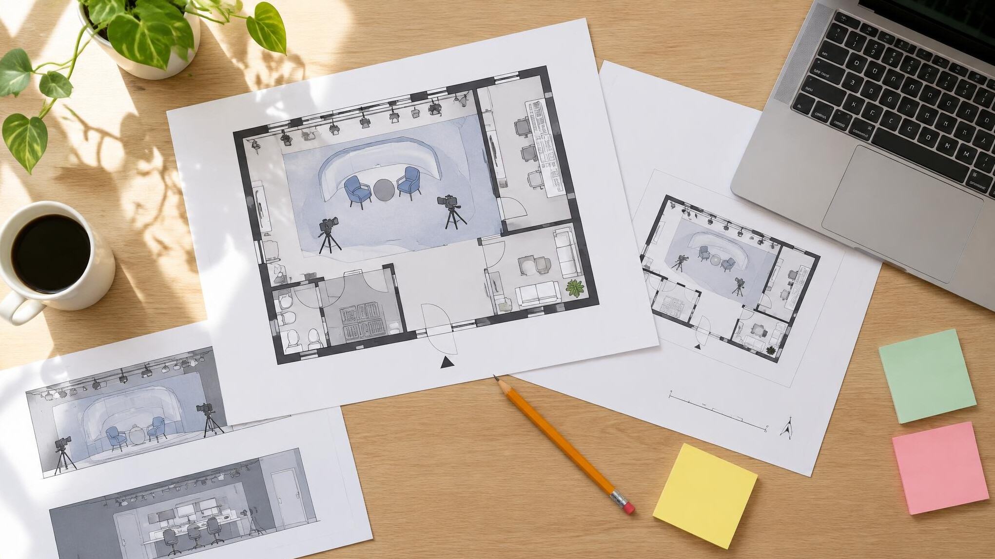 Planning documents and floor plans on a desk