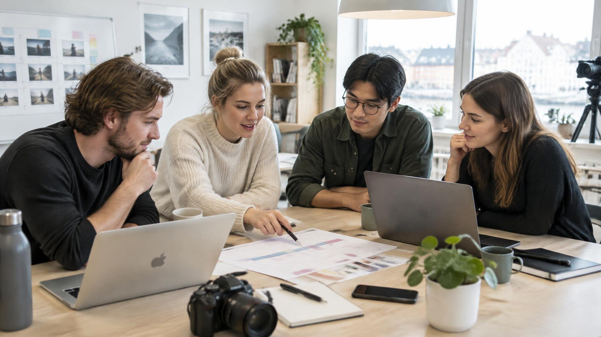 Team reviewing work together at a table